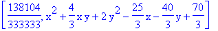 [138104/333333, x^2+4/3*x*y+2*y^2-25/3*x-40/3*y+70/3]